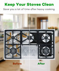 Comparison of a stove with and without Reusable Gas Stove Burner Covers Ten Pack Nonstick Stovetop Liners And Gas Range Protectors