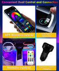 RGB Interior Car Strip Lights With Smart App Control And Music Sync Under Dash Footwell Neon Lighting Kit Multicolor 12V LED Strip Lights For Cars Trucks SUVs With Car Charger 1 Set showing app wireless control and USB connection