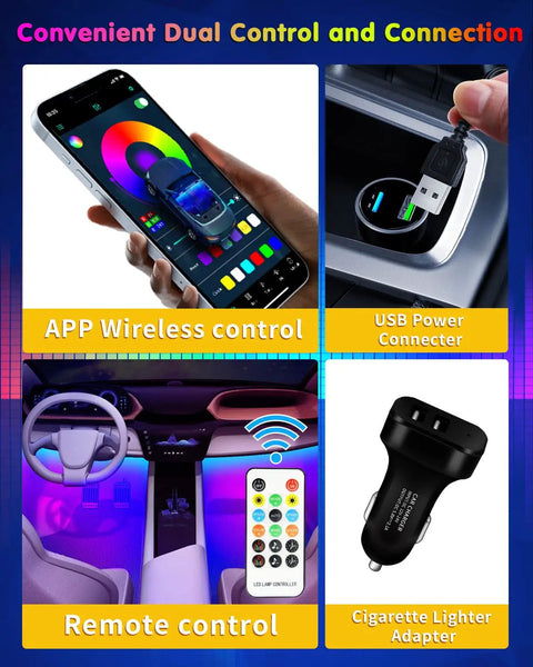 RGB Interior Car Strip Lights With Smart App Control And Music Sync Under Dash Footwell Neon Lighting Kit Multicolor 12V LED Strip Lights For Cars Trucks SUVs With Car Charger 1 Set showing app wireless control and USB connection