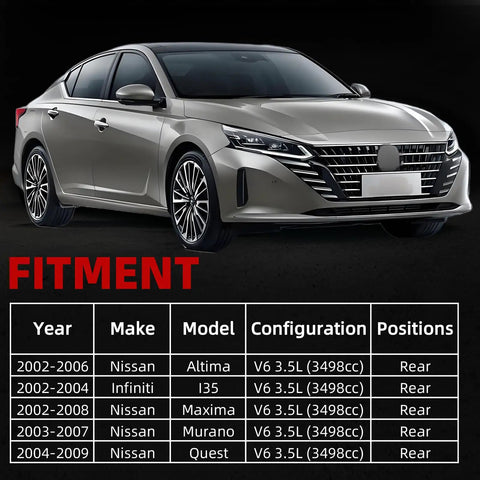 Silver car compatible with Valve Cover Set With Bolts Oil Cap Gaskets Spark Plug Tube Seals And PCV Valve For 3.5L V6 Nissan Altima Maxima Murano Quest Infiniti I35 2002 2009 Direct Fit Engine Replacement shown next to a fitment chart listing compatible Nissan and Infiniti models, years, and configurations.