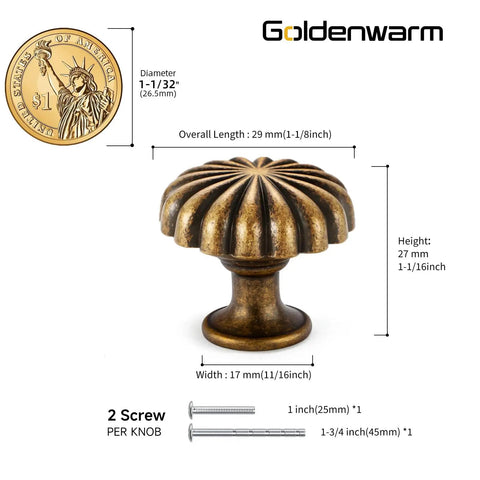 10 Pack Vintage Brass Cabinet Knobs For Dresser Drawers Zinc Handles Petal Shaped Hardware size details shown