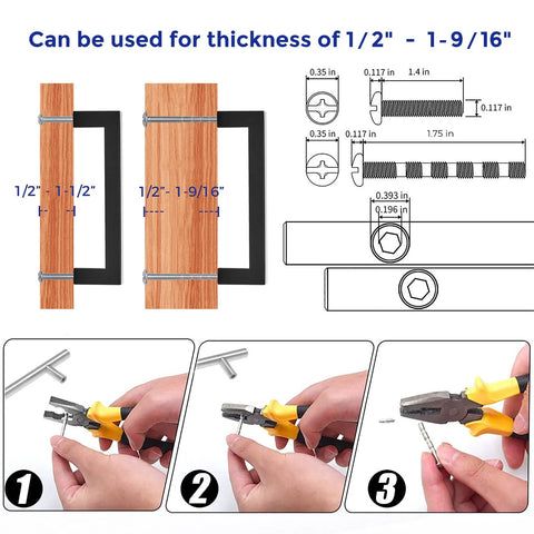 Illustration showing mounting process for 12 Pack Square Cabinet Handles 4.5 Inch Center To Center Matte Black Drawer Pulls for Cabinets.