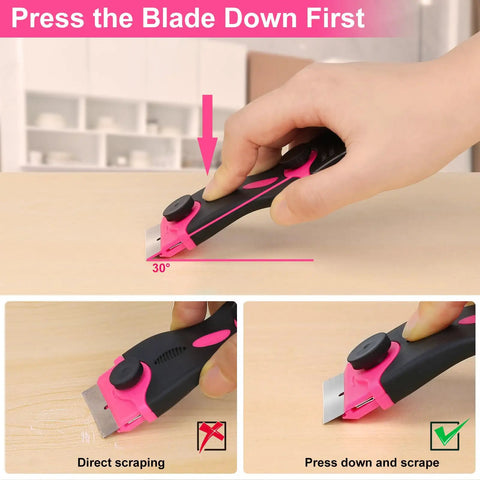 Pink Razor Scraper 2 In 1 Tool Set With 20 Razor Blades for Removing Window Labels, shown scraping at 30-degree angle.