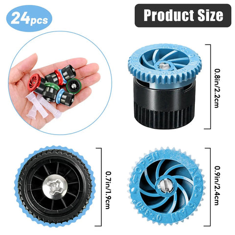 24 Piece Variable Arc Nozzles Replacement Pop Up Sprinkler Heads Compatible With Standard Lawn Irrigation Systems showing various sizes and types in hand.