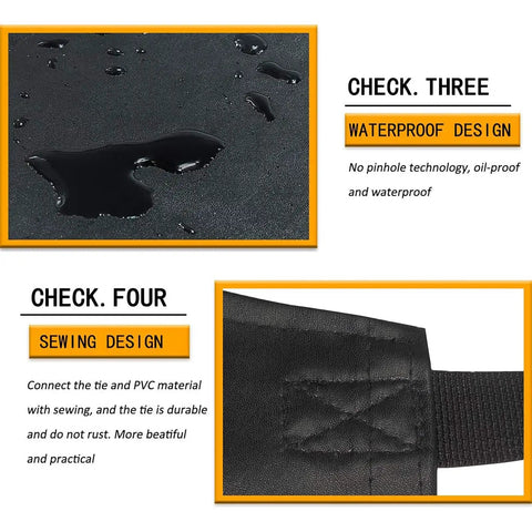 Close-up of waterproof surface and sewing detail of Two Pack Waterproof Rubber Aprons For Kitchen Pros And DIYers Heavy Duty Vinyl Butcher Aprons Chemical Resistant 39 Inch Length Lightweight Adjustable Apron For Dishwashing Cooking Cleaning Pottery Gardening.