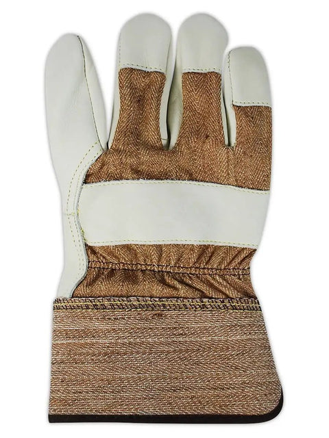 DuraMaster Select Cow Grain Leather Palm Work Gloves With PE Cuff Gunn Cut Wing Thumb Full Leather Index Fingers Brown Denim Back 2XL Size Pack Of 12 Tough As Nails Built For Heavy Duty Projects shown from back view.