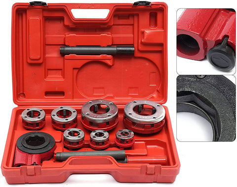 Ratcheting Pipe Threader Kit With Seven Dies Set Covers 3/8 In, 1/2 In, 3/4 In, 1 In, 1-1/4 In, 1-1/2 In, 2 In BSPT, red case