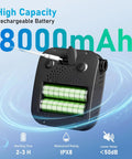 Portable Camping Shower With 8000mAh Rechargeable Battery 20L Collapsible Bucket highlighted, showcasing battery capacity.