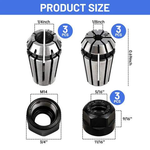 Nine Piece ER11 Spring Collet Nut Set With M14 Thread For CNC Milling Lathe Tooling, showing 1/8 inch and 1/4 inch collets plus nuts.