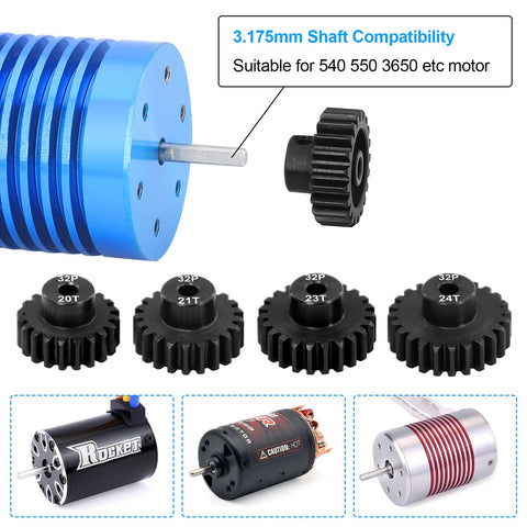 32P Pinion Gears Set 20T 21T 22T 23T 24T For 3.175mm Shaft RC Cars, 1/10 Scale Short Course Drift Rally, Hardened Steel 0.8 Mod Pinions Built Tough For Brushed Motors