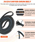 Close-up of 341241 dryer drum belt with measurements and material details in Upgraded 4392065 Dryer Repair Kit For 29 Inch Dryers With Top Lint Filter Includes Drum Roller Belt And Idler Pulley Compatible With Whirlpool Kenmore Crosley Admiral Amana Dryers Easy Install And Durable Replacement Parts.