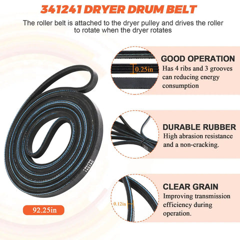 Close-up of 341241 dryer drum belt with measurements and material details in Upgraded 4392065 Dryer Repair Kit For 29 Inch Dryers With Top Lint Filter Includes Drum Roller Belt And Idler Pulley Compatible With Whirlpool Kenmore Crosley Admiral Amana Dryers Easy Install And Durable Replacement Parts.