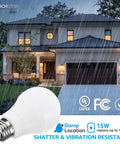 Universal Garage Door Opener LED Bulb 1700 Lumens 15W Equal 100W, A19 E26 Base, 3000K Warm White in front of a house