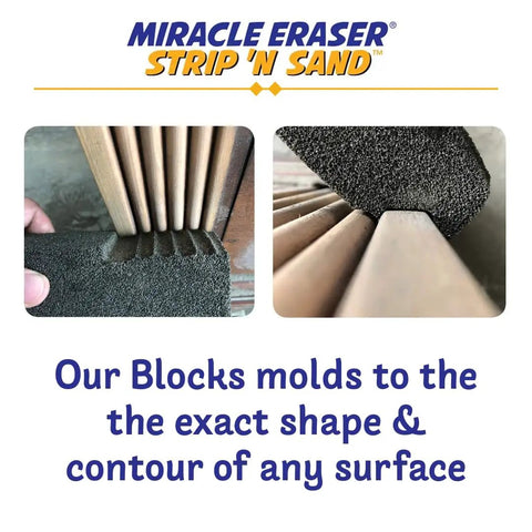 Strips N Sand Paint Remover Blocks 18 Pack for Cabinets and Furniture Non Toxic showing contour molding on wood.