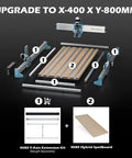 Diagram showing components for 4040 Reno CNC Router upgrade with Hybrid Spoilboard Table made of Aluminum and MDF for X400mm Y800mm area.