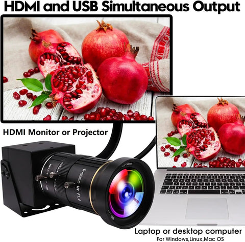 4K HDMI USB Webcam With 10X Manual Zoom Dual Output For PC And TV Simultaneous HDMI And USB Display next to laptop