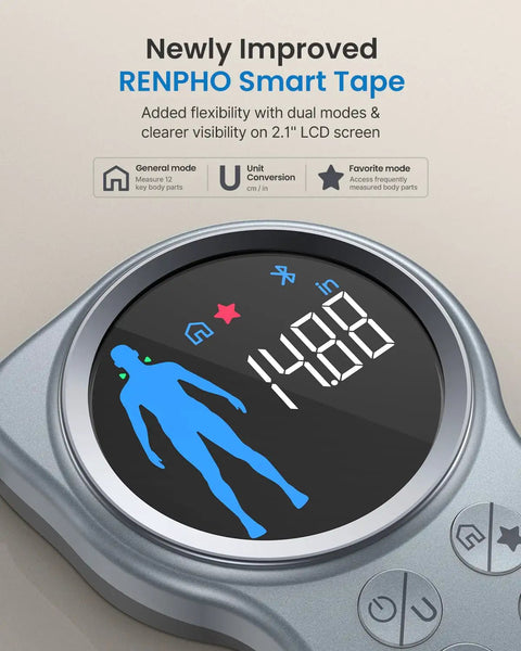 Close-up of Big Display Bluetooth Smart Tape Measure For Fitness And Weight Loss, showing app features on 2.1 inch screen.