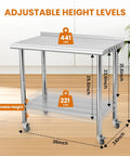 Go-To 36X24 Inch NSF Stainless Steel Work Table On Wheels With Hooks And A 3 Stage Adjustable Shelf Heavy Duty Prep Station