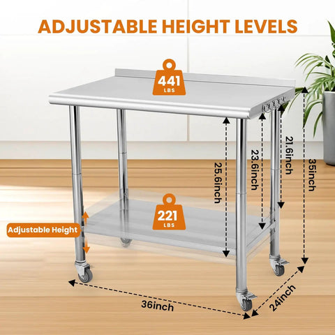 Go-To 36X24 Inch NSF Stainless Steel Work Table On Wheels With Hooks And A 3 Stage Adjustable Shelf Heavy Duty Prep Station