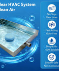 AC Drain Pan Tablets 120 Count for Condensate Systems shown dissolving in a metal pan, with text highlighting features.