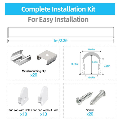 U Shape LED Channel For LED Strip Lights 3.3ft 1Meter Thick Milky Diffuser installation kit with clips, endcaps, and screws.