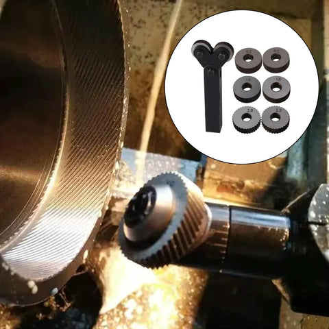Rotating Head Knurling Tool Set With Dual Wheels For Metalworking, Coarse Diagonal Pitch, Pack Of 7 in use on metal surface