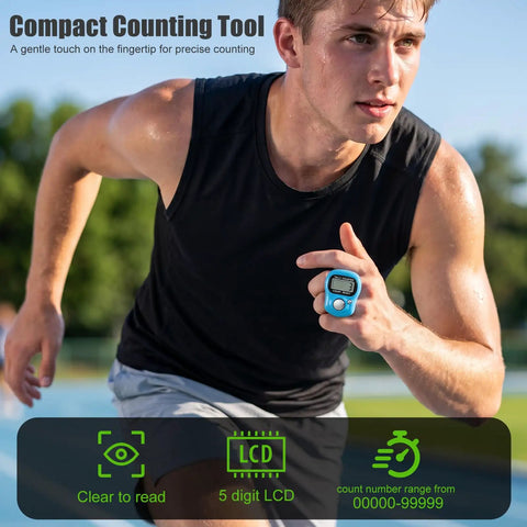 Man running while using Bulk 30 Pack Electronic Finger Clicker With 5 Digit Lcd Display Resettable Hand Tally Counter.