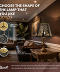 Barrel Metal Lampshade With Trees Pattern, Spider Fitter, displayed on table lamp, black finish with gold interior, room setting