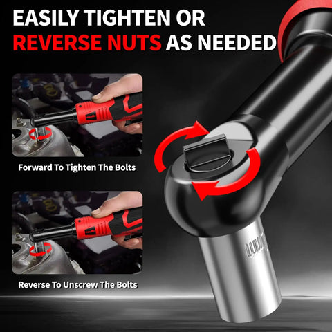 Cordless 18V Electric Ratchet Wrench Set with variable speed showing forward and reverse action with illustrations.
