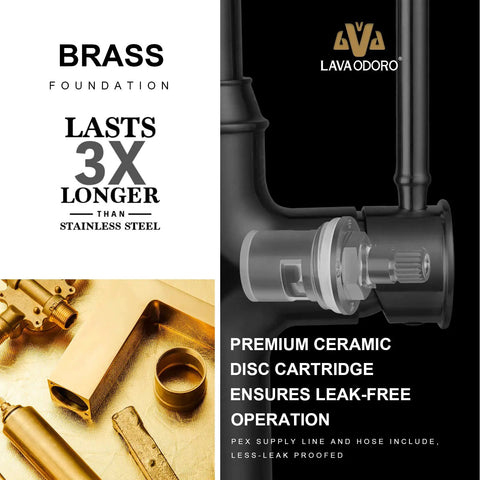 Chrome Pull-Down Kitchen Faucet With Two-Function Sprayer, brass foundation, premium ceramic disc cartridge visual details