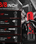 Cordless Ratchet Wrench Kit With LED Light, 12V Workhorse Power Tool Kit, Three Eighths Inch Drive shown in use with adapter