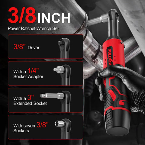 Cordless Ratchet Wrench Kit With LED Light, 12V Workhorse Power Tool Kit, Three Eighths Inch Drive shown in use with adapter