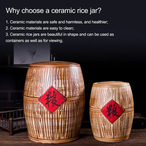 Solid Ceramic Rice Bucket Jar With Lid, Airtight Food Storage Crock For Grains Snacks Coffee Beans Dispenser, Gotta Have Kitchen Flex That Seals Up Freshness Tight All Day Long, displayed with decorative red emblem.