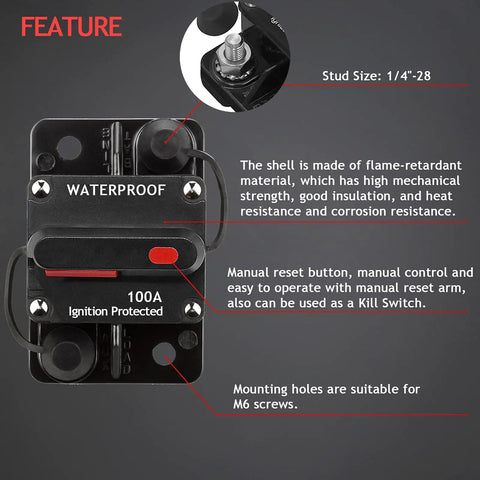 Image of 100 Amp Manual Reset Circuit Breaker Pack For Cars, Marine, Trolling Motors, Boats, And ATVs, Protects Audio System And Power Supply, 12V To 48V DC, 3 Pack showcasing waterproof design and manual reset button.