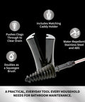 Revolutionary Toilet Plunger And Squeegee Combo With Stainless Steel Handle And Caddy Holder, shown with features, Black One Pack