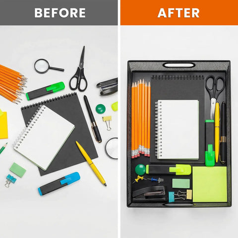 Before and after comparison of desk items organized in a Two Pack Metal Mesh Desk Drawer Organizer Tray Set With Handles.