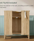 Kick Up Your Bathroom Style With This Slick Fluted Pedestal Sink Cabinet Featuring Two Doors And A Bottom Drawer In Natural Oak U Shape Cutout For Dope Space Saving Vibes, anti-tip kit for stability.