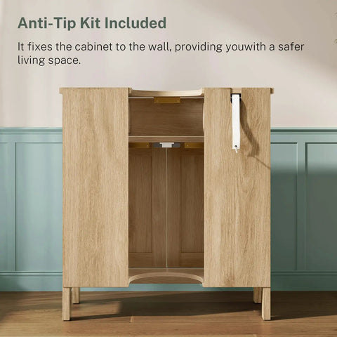 Kick Up Your Bathroom Style With This Slick Fluted Pedestal Sink Cabinet Featuring Two Doors And A Bottom Drawer In Natural Oak U Shape Cutout For Dope Space Saving Vibes, anti-tip kit for stability.