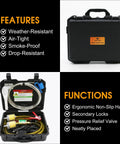 Portable 12V Fuel Transfer Pump Kit With 30 GPH Flow For Cars Boats And Heavy Equipment in a black carrying case, open view.