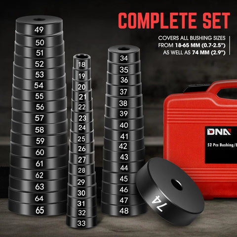 Heavy Duty 52 Piece Bushing Driver Set For Transmission Bearing Race Seals And Axle Installations with labeled discs and red case