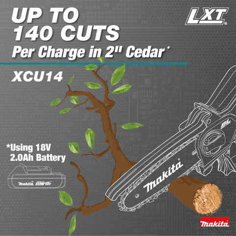 18V LXT Brushless Cordless 6 Inch Pruning Saw for Yard Work cutting cedar branch, shows tool-free chain adjustment.