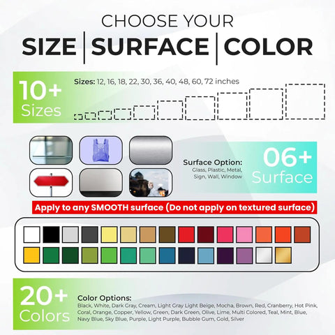 Custom Business Logo Decal For Walls And Windows That Helps You Personalize Your Brand With Durable Weather Resistant Waterproof Stickers For Office Home Storefront And Corporate Advertising size, surface, color options chart