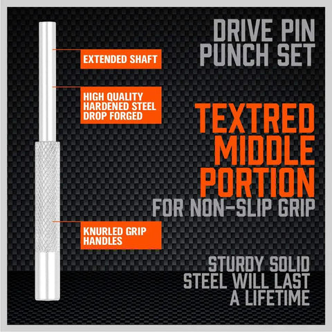 Drive Pin Punch Set with extended shaft, high-quality hardened steel, and knurled grip handles for non-slip grip