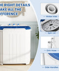 Compact Portable Washing Machine Mini Washer And Spin Dryer Combo 14 Lbs showing water inlet, spin lid, drain hose, and side handles.