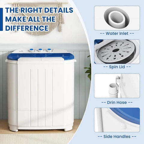 Compact Portable Washing Machine Mini Washer And Spin Dryer Combo 14 Lbs showing water inlet, spin lid, drain hose, and side handles.