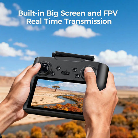 Hands holding 4K Camera Drone With Big Screen Remote Controller Dope Gift For Men Easy To Fly Beginner Quadcopter outdoors