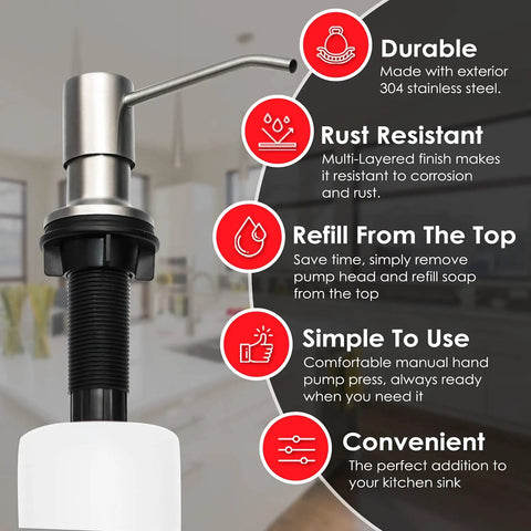 Multipurpose Kitchen Sink Soap Dispenser In Brushed Nickel With A Standard 1 To 1.25 Inch Hole Fit, showing durability features
