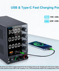 Pro Grade DC Bench Power Supply 0 To 30V 0 To 10A with coarse and fine encoder knobs, USB Type C quick charge, four-digit display