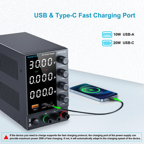 Pro Grade DC Bench Power Supply 0 To 30V 0 To 10A with coarse and fine encoder knobs, USB Type C quick charge, four-digit display