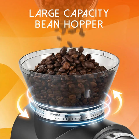 Ollygrin Electric Conical Burr Coffee Grinder With Touch Panel And 30 Precise Settings For Uniform Grinding showing large capacity bean hopper filled with coffee beans.